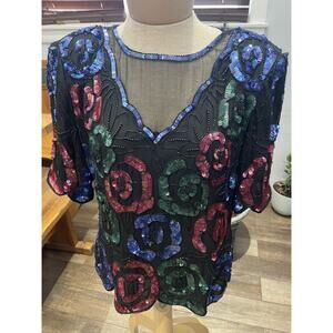 Vtg Ritzy Stenay Beaded Sequin Floral 100% Silk Top Blouse Lined Cocktail Party